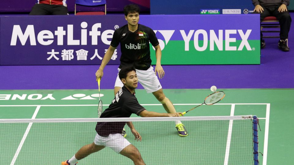Angga/Ricky dikandaskan Kevin/Marcus di partai pertama penyisihan Grup A Dubai SSF 2016. Copyright: &copy; PBSI